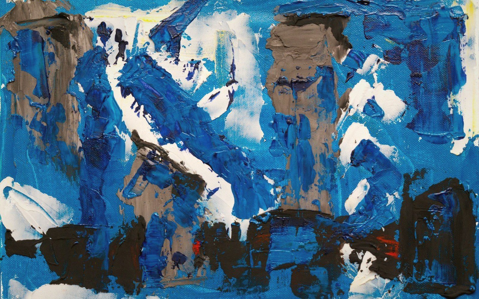 Abstract painting with thick blue, gray and black brushstrokes over a white canvas
