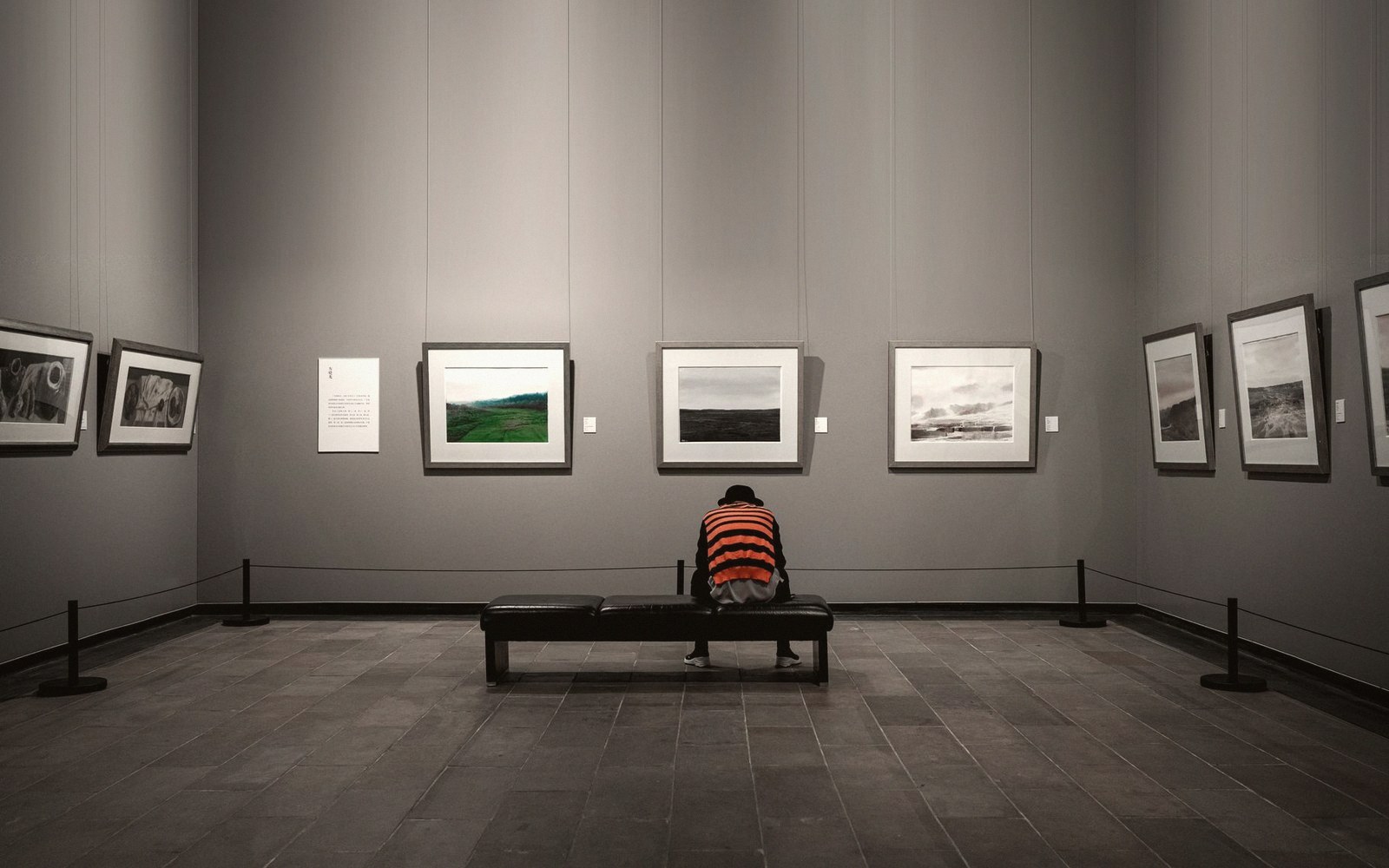 A visitor sits on a bench facing framed landscape photographs in a gallery