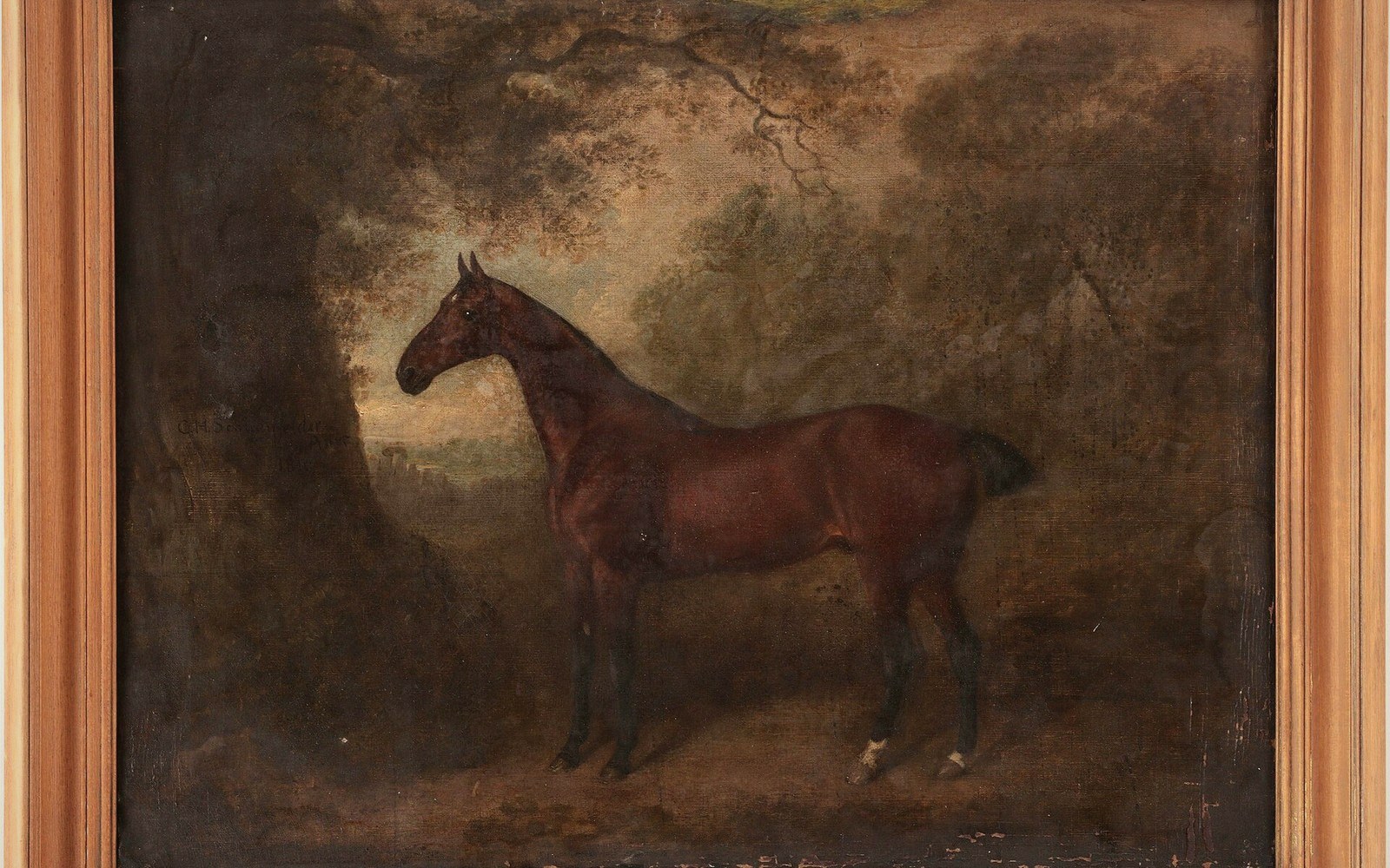 Framed oil painting of a bay horse standing beneath trees in a wooded landscape