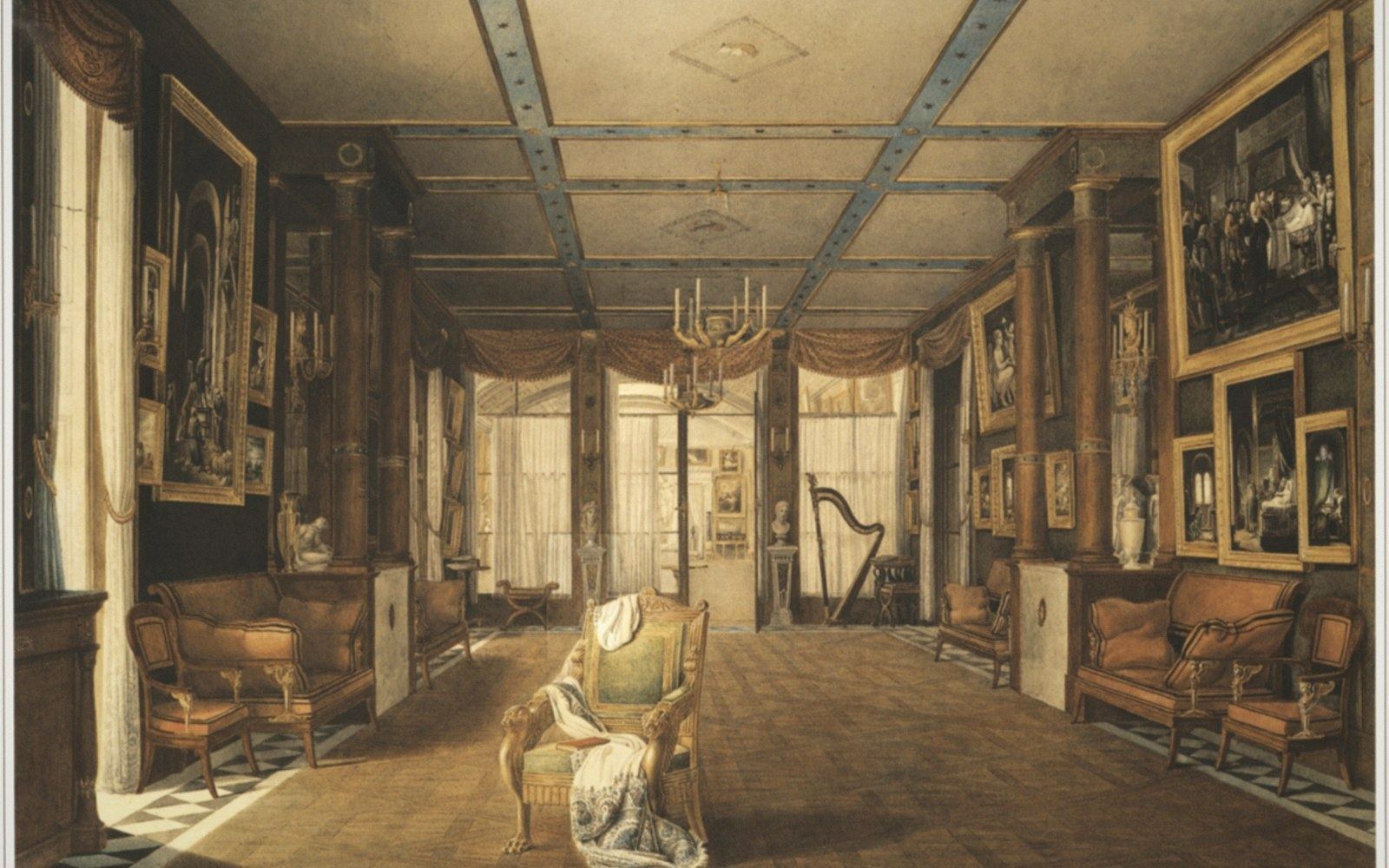 A wall hung salon-style floor to ceiling